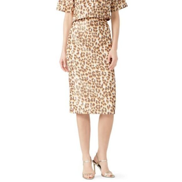 ROCHAS Yellow & Brown Leopard Print Silk Fitted Pencil Skirt Size 44 - Picture 2 of 9